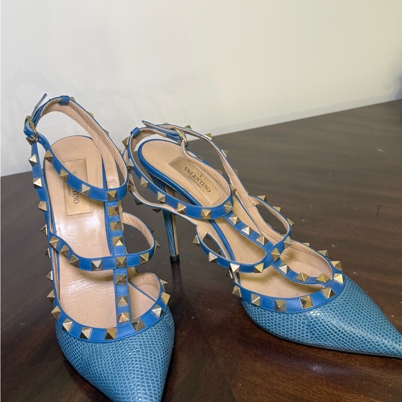Valentino Blue and Gold Studded Heels - Picture 2 of 6